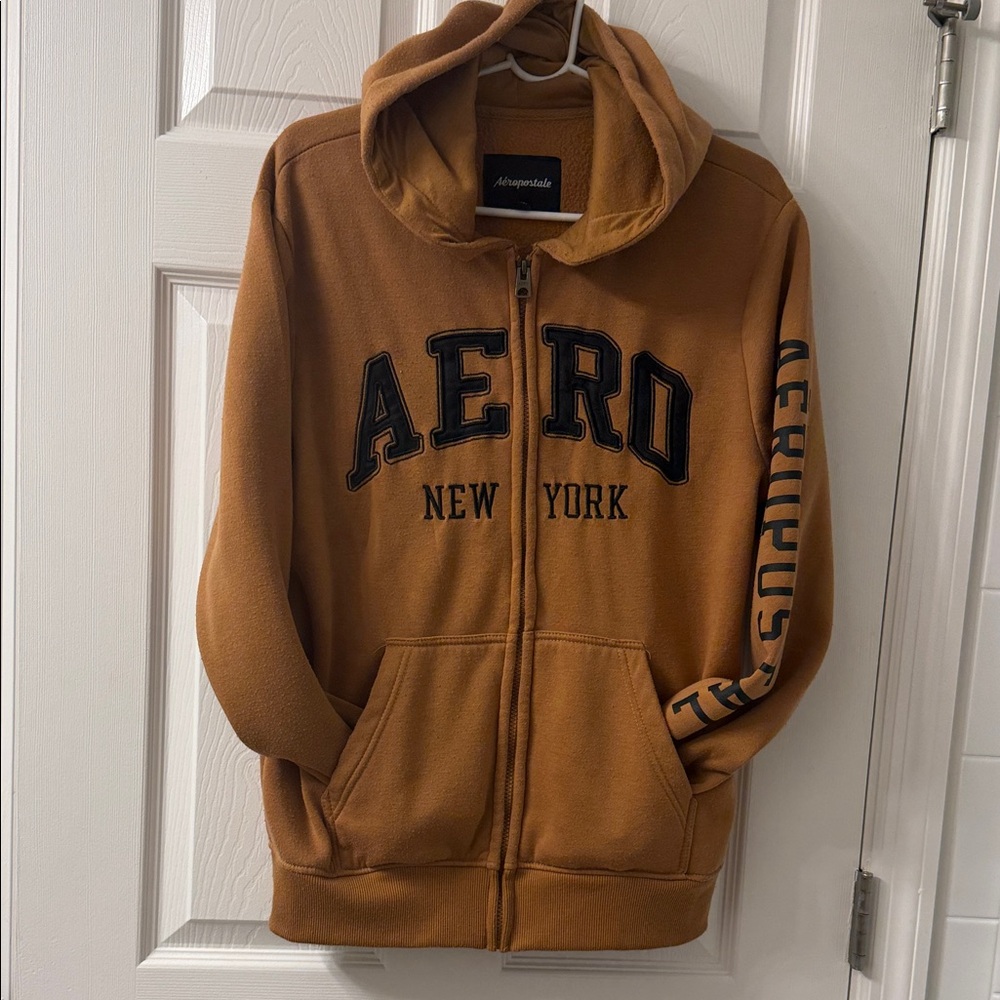 Aeropostale Tan Zip-Up Hoodie with Black Lettering